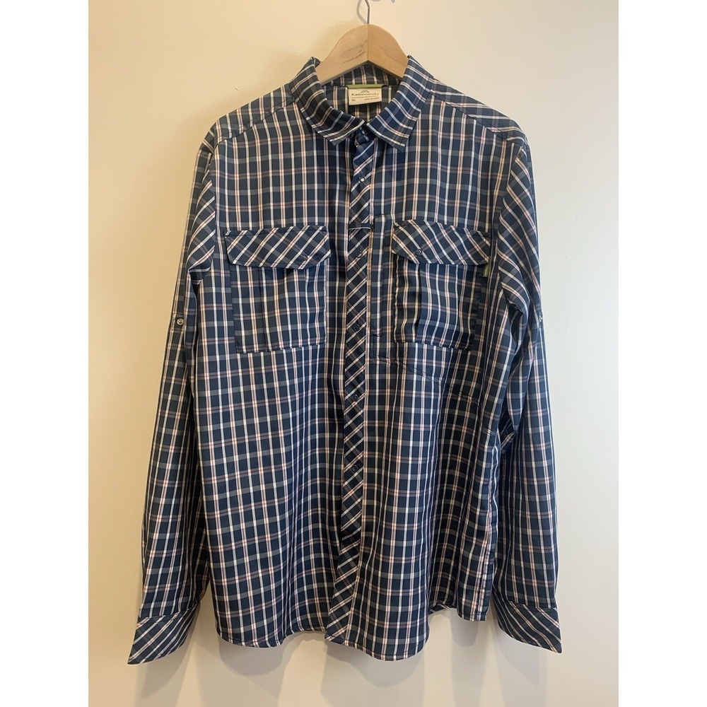 Kathmandu Shirt Mens XL Blue Plaid Insect Repel Snap Up Roll Tab Outdoor Hiking
